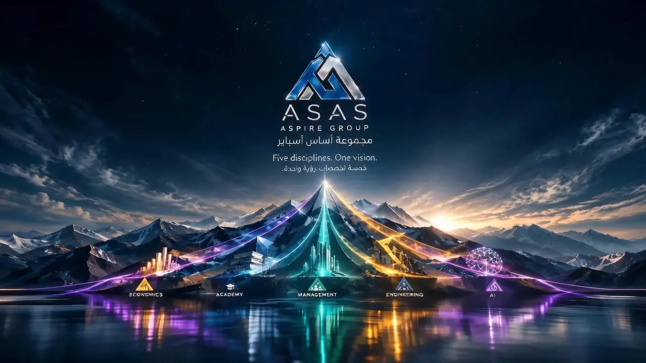 The ASAS Aspire Group mark above five illuminated skylines labelled Economics, Academy, Management, Engineering and AI, converging into light over a mountain lake.